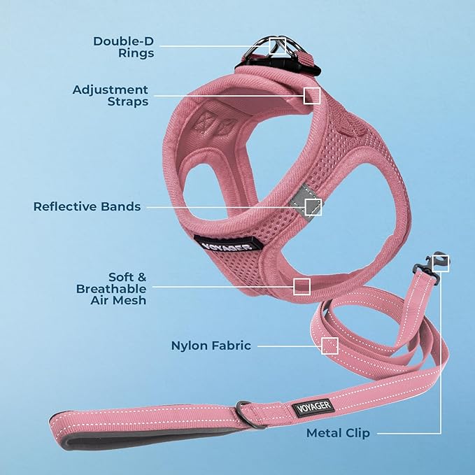 Best Pet Supplies Voyager Step-in Air All Weather Mesh Harness and Reflective Dog 5ft Leash Combo with Neoprene Handle, for Small, Medium and Large Breed Puppies - Set (Pink), X-Large