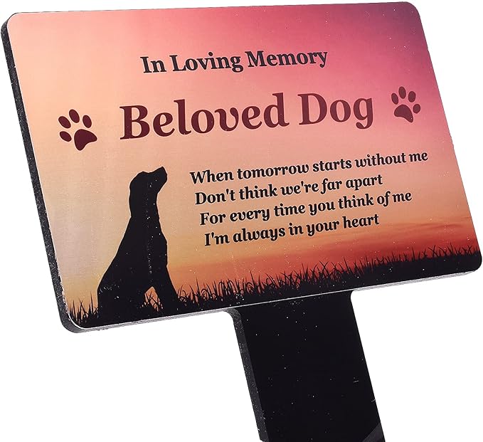 OriginDesigned New Beloved Pet Dog Memorial - Metallic Gold Aluminium Plaque Mounted onto a Black Acrylic Stake.