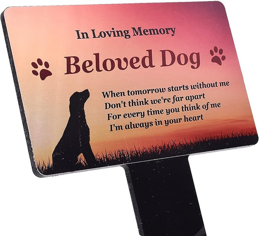 OriginDesigned New Beloved Pet Dog Memorial - Metallic Gold Aluminium Plaque Mounted onto a Black Acrylic Stake.