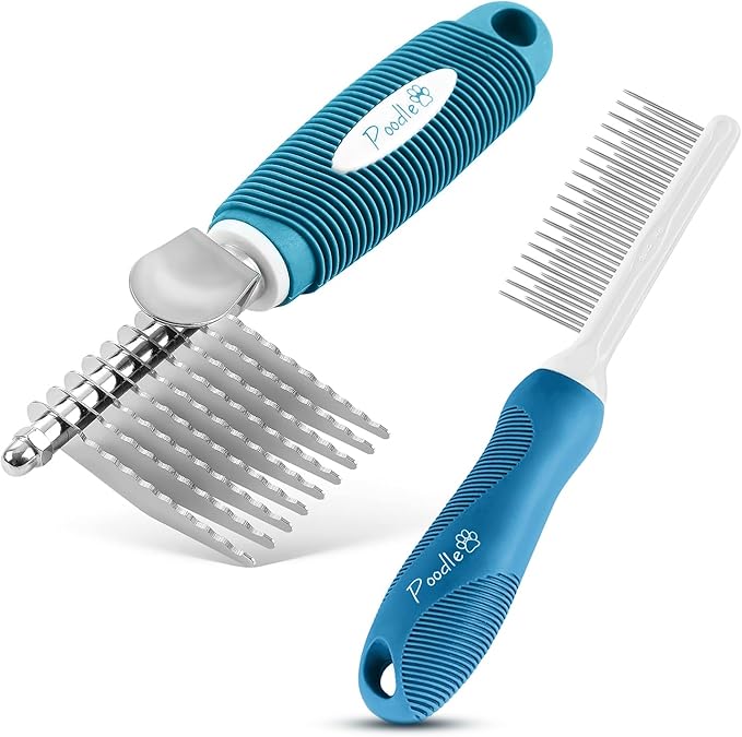 Poodle Pet Bundle - Dematting Fur Rake Comb Brush Tool with Steel Safety Blades and Detangling Pet Comb with Long and Short Stainless Steel Teeth for Detangling Matted or Knotted Undercoat Hair (Blue)
