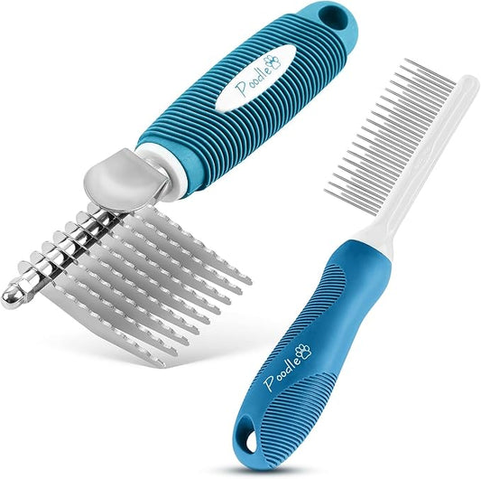 Poodle Pet Bundle - Dematting Fur Rake Comb Brush Tool with Steel Safety Blades and Detangling Pet Comb with Long and Short Stainless Steel Teeth for Detangling Matted or Knotted Undercoat Hair (Blue)