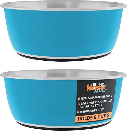 Master Pet Supply Stainless Steel Dog Bowls Set of 2 (64 Oz Each) with Non-Slip Rubber Base - True Blue - Basic Dog Food Bowl Water & Food Bowls for Small Medium Large Dogs & Cats, Metal Dish