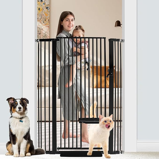 55 Inch Extra Tall Pet Gate with Small Cat Door, 29.55"-40.55" Adjustable Wide Dog Gate, Tall Cats Gates for Doorway, Stairs, House(Black)