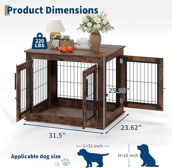 31" Inch Dog Crate Furniture, Small to Medium Pet Cage with Double Doors and Wheels, Chew-Resistant Wooden Indoor Dog House, Kennel Side End Table for Bedroom & Living Room, Rustic Brown