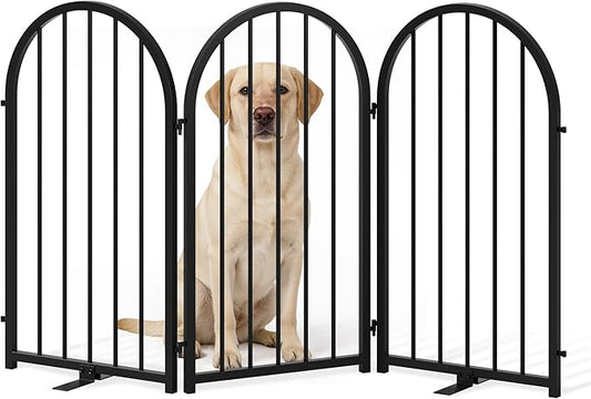 Full Metal Dog Gate for Indoor Outdoor, 32" Tall Free Standing Pet Dog Fence, 54" Wide Arched Pet Gates for Stairs, Hallways, Doorways, Kitchen, Decks, Yards (Black, 3 Panels)