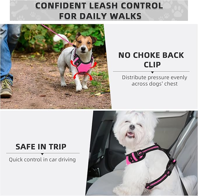 No Pull Dog Harness with A Free Heavy Duty 5ft Dog Leash, Adjustable Soft Padded Dog Vest, Reflective No-Choke Pet Oxford Vest with Easy Control Handle and Dog Leash for Dogs(Pink, Small)