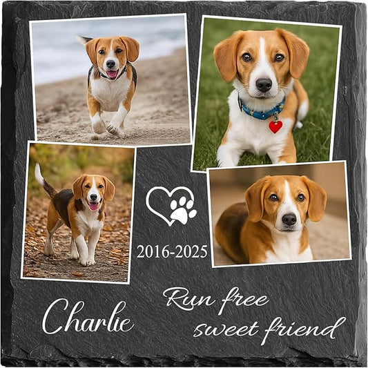 Custom Pet Memorial Stone - Dog Memorial Stone for Loss of Pet - Personalized Pet Headstone with Multiple Photo - Outdoor Garden Indoor Dog Cat Loss Bereavement Gift for Pet Lovers (08)