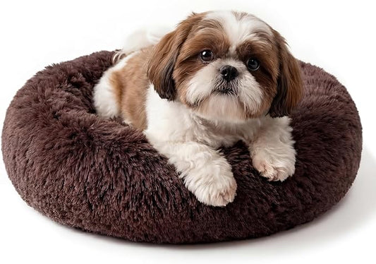 Calming Donut Dogs Beds for Small Dogs Washable,23inch Plush Round Pet Bed for Cozy Sleep,Fluffy Faux Fur Large Cat Bed,Fits up to 25 lbs Pets,Chocolate Brown