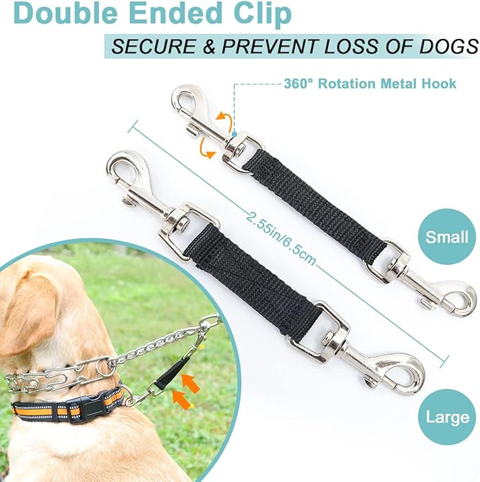 Mayerzon Backup Collar, Double Ended Clip and Carabiner for Prong Collar, Pinch Collar and Dog Harness, Safety Use for Walking and Training (XL, Black)