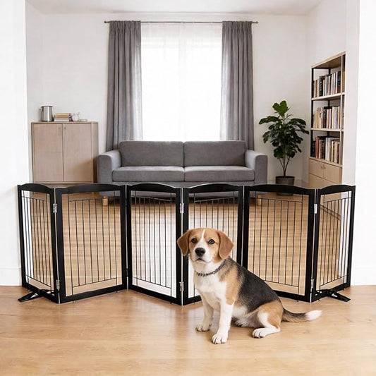 Dog Fence Indoor,Dog Gate Indoor for Doorway pet gate -6-Panel Freestanding, Hallways, House or Stairs -120x32-Inch Retractable Foldable Expandable Wood Pet by SFJC (Black) ﻿