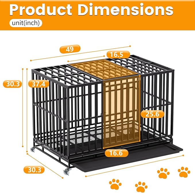 BestPet 49 Inch Heavy Duty Indestructible Dog Crate Dog Kennel Large Dog Crate Indoor Outdoor Dog Cage with Lockable Wheels Removable Tray and Double Doors Ideal for Medium and Large Sized Dogs