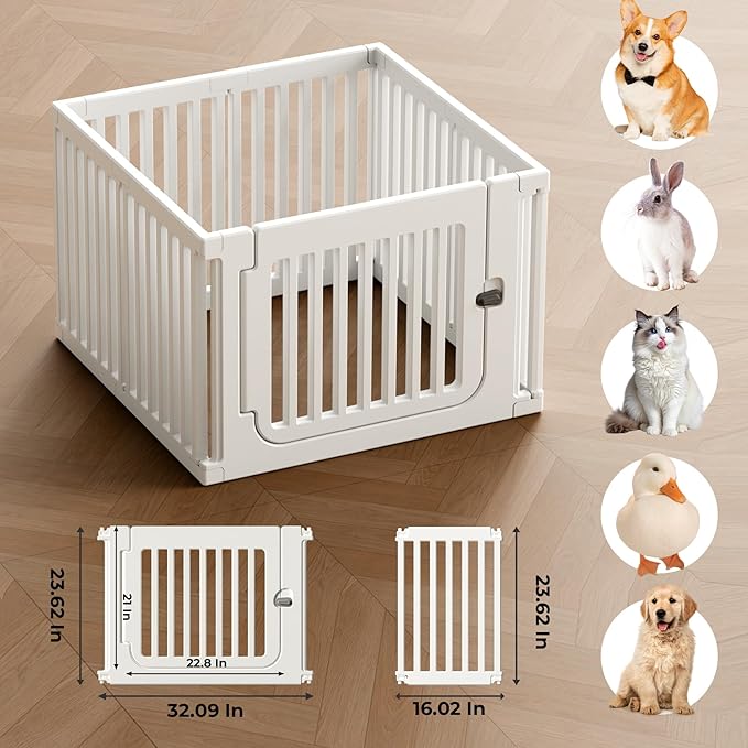 23.6" H Plastic Pet Playpen with Lockable Wide Door, 7 Panels Expandable Pet Fence with Portable Indoor/Outdoor, Easy Setup & Clean for Pets up to 22lbs or Baby (White)