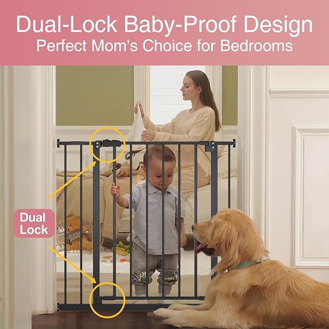 InnoTruth Baby Gate for Stairs 28.9-42.1" Wide, 30" Tall Easy Step Walk Through Expandable Dual Lock Dog Gates for The House，Pressure Mounted Easy Install Pet Gate for Doorways, Black