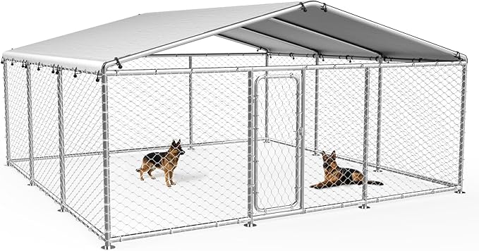 15.3×15.3FT Large Outdoor Dog Kennel, Chain-Link Dog Enclosure with UV-Resistant Waterproof Cover and Secure Lock, Outside Dog Run for Backyards, Farms & Multi-Pet Outdoor Spaces