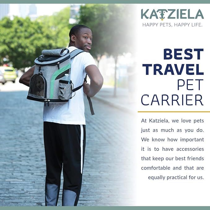 Katziela Pet Carrier Backpack - for Small Dogs and Cats - Water Bottle, Waste Bag and Storage Pouches, 3 Mesh Windows, Leash Hook - 3 Option Top: Open, Mesh or Shade - Bonus: 2 Poop Bag Rolls – Green