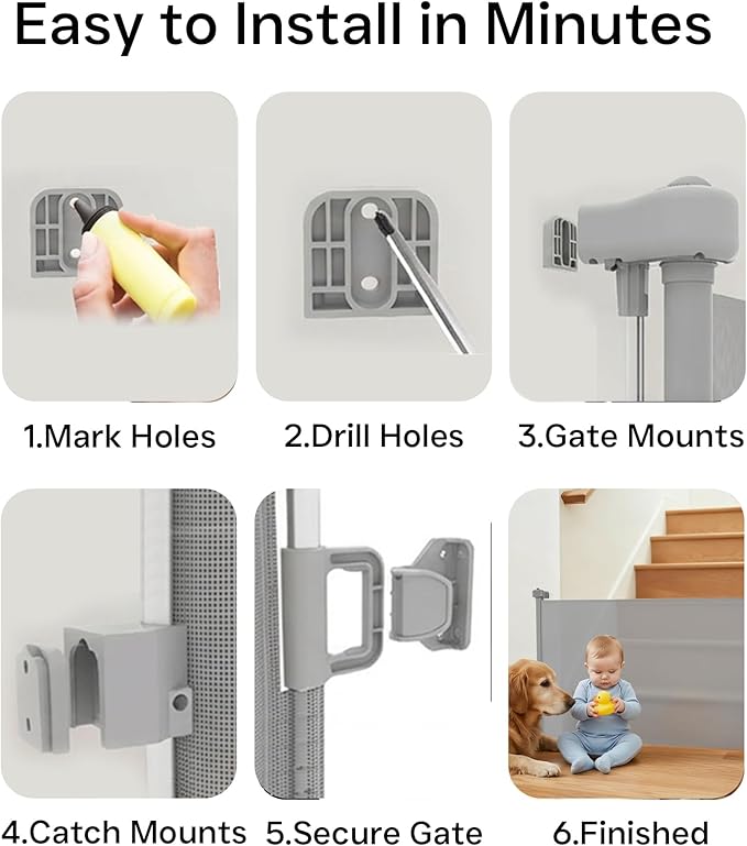 Retractable Baby Gate,Mesh Baby Gate or Mesh Dog Gate,34" Tall,Extends up to 70" Wide,Child Safety Gate for Doorways, Stairs, Hallways, Indoor or Outdoor (Gray, 70''Wide 34''Tall)