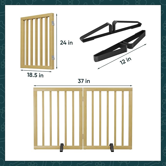 Semiocthome Dog Gate Indoor 2-Panel Freestanding Puppy Fence for House with 2 Metal Stands 24" H Folding Wood Pet Safety Fence for Stairs Doorway, Fully Assembled - Natural