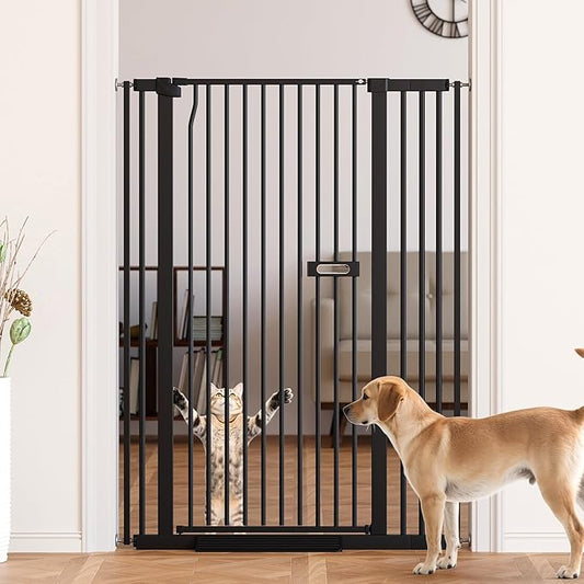 Cat Gate for Doorways, 55.1" Extra Tall Dog Gate Indoor for Stairs/Hallways/Kitchen, 34-38.1" Wide Include 4.13" Extension Kits, No Drilling Auto Close High Pressure Mounted, Black