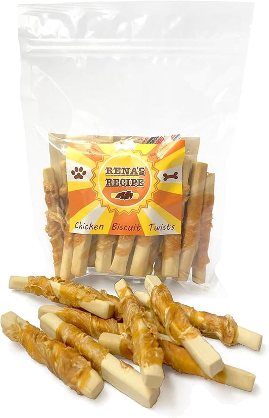 Rena's Recipe Chicken Wrapped Biscuit Twists Dog Treats – Crunchy Biscuit Sticks Wrapped with Real Chicken, High Protein Dog Treats with Glucosamine for Joint Support, 8 oz