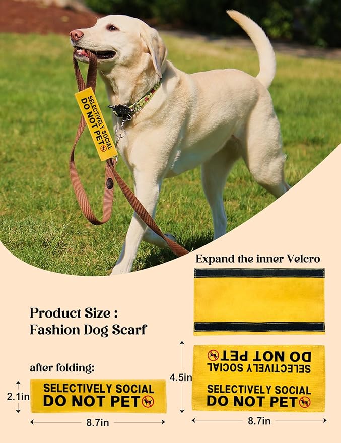 Selectively Social Dog Leash Sleeve - Funny Yellow Alert Hanging ID Patch Tag, Do Not Pet Leash Sleeve Service Dog Accessory, Pet Birthday Gift for Dog Owners