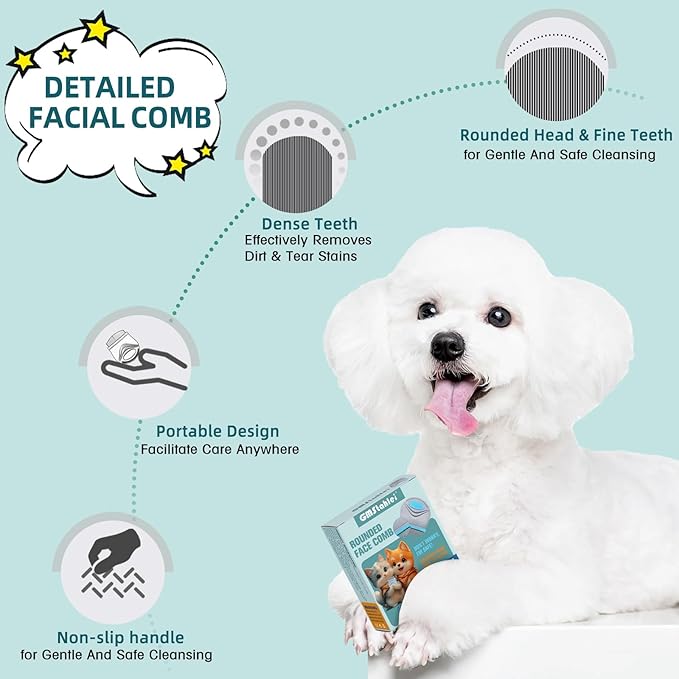 PET Facial Grooming Comb，Stainless Steel Tear Stain Remover，Gentle Round-Head Grooming Tool，Stress-free Tear Stain Remover for Dogs & Cats, Cat Grooming Kit，Lightweight & Portable Pet Grooming Brush
