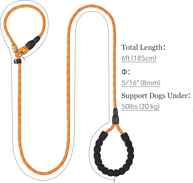 TagME Slip Leads for Dogs that Pull, 6 FT No-Pull Training Leash with Lock, Escape-Proof Design, Reflective & Padded Handle for Small Dogs, Orange