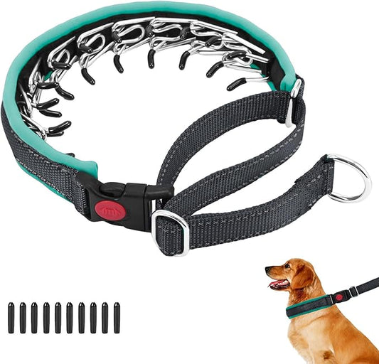 Martingale No Pull Dog Collar for Large Medium Small Dogs, Heavy Duty Nylon Reflective Adjustable Anti Pull Slip Collar with Buckle for Training Walking L Black Green