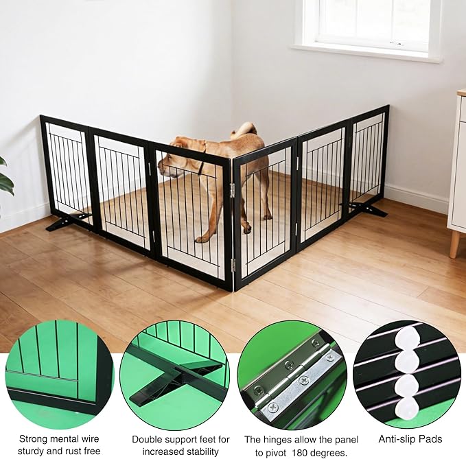ZJSF Freestanding Dog Gate Indoor, Foldable Dog Fence for Doorways,Hallways or Stairs, Sturdy Wood Extra Wide Pet Gate with Support Feet,Black,32 "Height-6 Panels