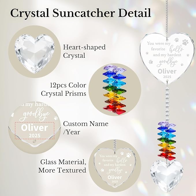 Personalized Pet Memorial Suncatcher - Dog Memorial Gifts for Loss of Dog,Pet Loss Sympathy Gift,Custom Crystal Cats Dogs Remembrance Bereavement Gift (Pet Memorial(Heart))