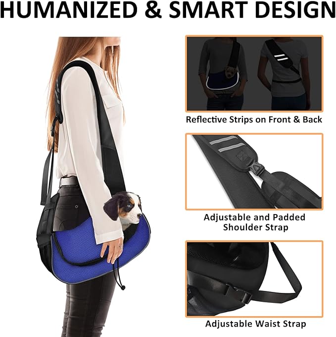 Gloppie Small Dog Sling Carrier for 5lb Dogs Breathable Puppy Sling Hands Free Travel Cat Carrier Klein Blue S