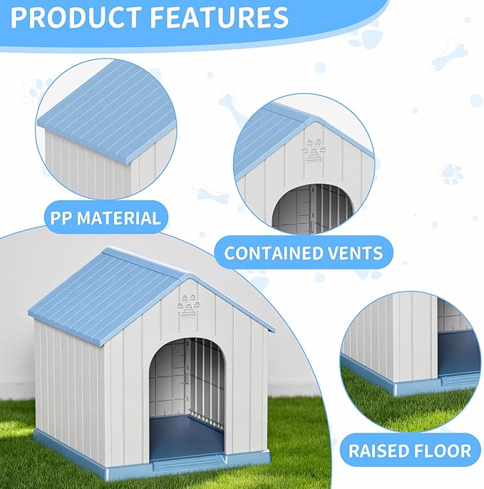 DRATO Indoor & Outdoor Dog Houses, Resin Material Dog House with Waterproof Roof and Raised Floor Design.(Blue)