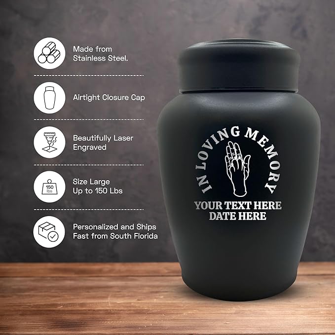 Personalized Custom Engraved Dog Urn with Name and Date - Stainless Steel Large Cremation urns for Dogs Ashes with Airtight Closure | up to 150 lbs Capacity | Hand and Paw - High Five V1