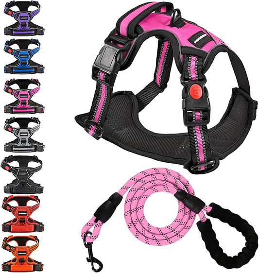 No Pull Dog Harness with A Free Heavy Duty 5ft Dog Leash, Adjustable Soft Padded Dog Vest, Reflective No-Choke Pet Oxford Vest with Easy Control Handle and Dog Leash for Dogs (Pink, Large)