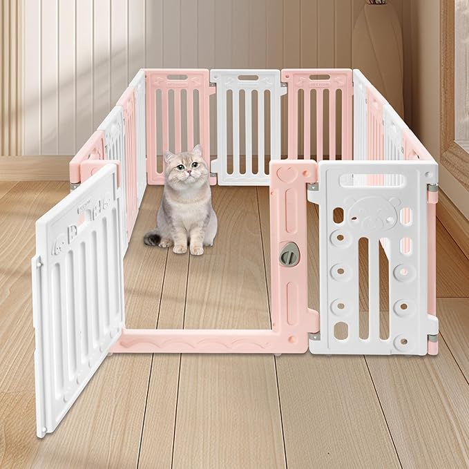 Dog Playpen with Door, 12 Panels Pet Safety Fence Foldable Puppy Pen Indoor Dog Fence, Plastics Enclosure Dog Pen Indoor for Small Dogs and Cats, Easy Assemble (Pink)