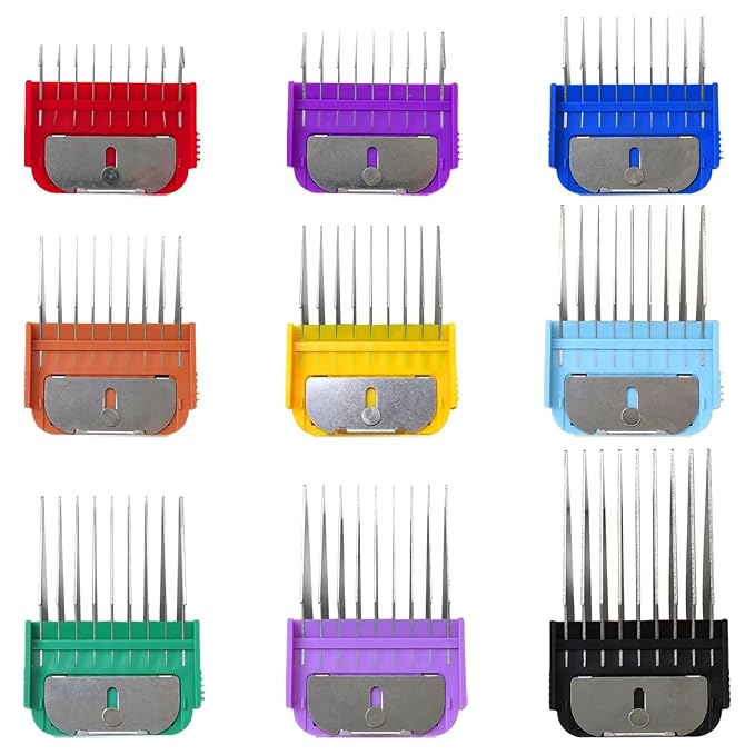Animal Stainless Steel Attachment 9 Color Guide Comb Set Fit for Most Oster/Wahl/Andis Detachable-Style Clippers (ONLY Snap on Size #10/15/30 blades), Easy to Install