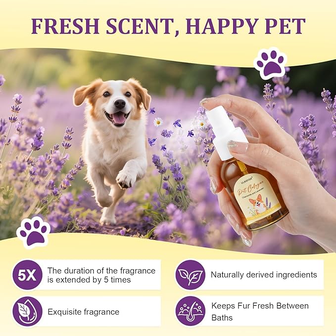 Calming Pet Cologne Spray, Lavender & Chamomile Dog Perfume, Soothing Grooming for Dogs and Cats, Anxiety Relief, Alcohol-Free Sensitive Skin Formula, Between Baths Freshener, 2.37 fl oz