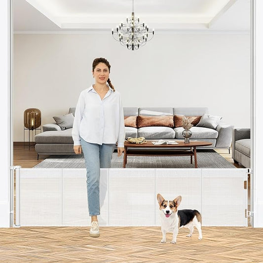 24 Inch Tall x 110 Inch Extra Wide Retractable Dog Gate for The House, Short Baby Gate to Step Over, Reinforced Mesh Puppy Gate for Doorways, Step Over Pet Gate for Stairs, Indoor/Outdoor, White