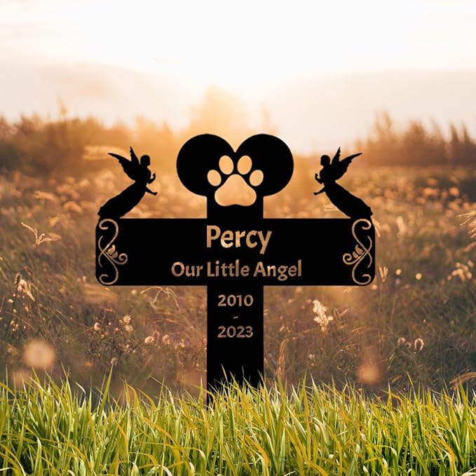 Custom Dog Cat Pet Grave Marker Metal Pet Memorial Stake with Angels, Personalized Paw Memorial Garden Stake Plaque, Remembrance Cross Pet Memorial Gifts Cemetery Yard Grave Decor