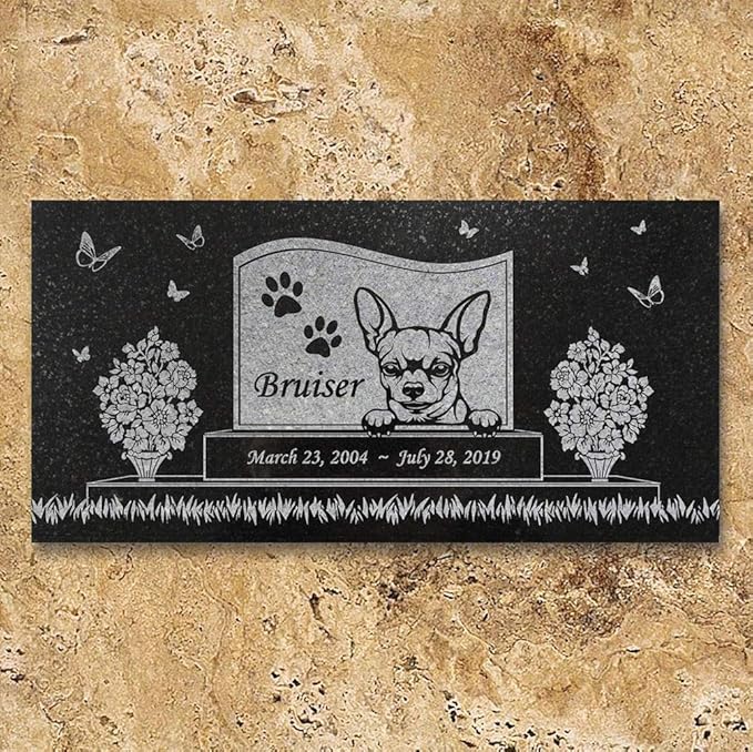Indoor Outdoor Dog Memorial – Chihuahua Pet Memorial Stone – Black Granite Stone – Dog Headstone – 6 x 12 x 3/8 Inches – Paw Prints Pet Memorial Stone – in Loving Memory – Pet Loss Stone - Bruiser