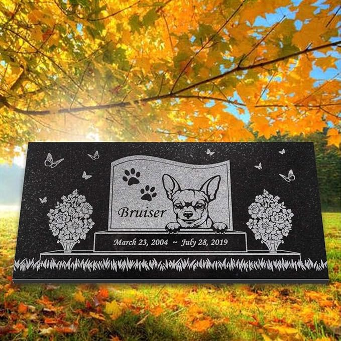 Indoor Outdoor Dog Memorial – Chihuahua Pet Memorial Stone – Black Granite Stone – Dog Headstone – 6 x 12 x 3/8 Inches – Paw Prints Pet Memorial Stone – in Loving Memory – Pet Loss Stone - Bruiser
