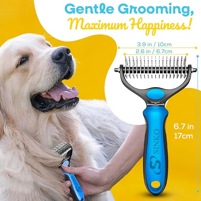Sinko Deshedding Dog and Cat Brush, Dematting Comb with Extra Wide Double-Sided Stainless Teeth for Detangling, Deshedding, Brushing & Removing Shed Fur, Knots, Mats, and Tangles in Pets (Blue)