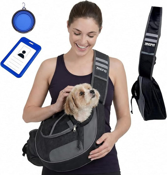 Hands-Free Sling Pet Carrier for Cats and Small Dogs up to 12lbs – Travel Set Includes Foldable Water Bowl & ID Card – Breathable Mesh, Safety Hook & Adjustable Padded Strap for Walking & Travel