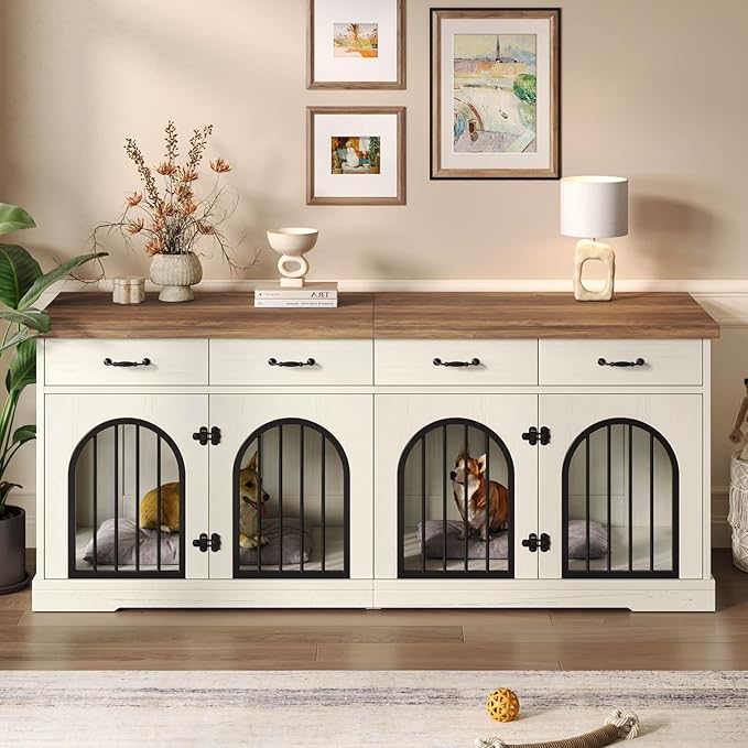 70.8'' Double Dog Crate Furniture for 2 Small and Medium Dogs,XXL Wooden Dog Kennel with 4 Storage Drawers,Removable Divider,Dog Crate TV Stand,Indoor Decorative Dog Cage with 4 Door,White