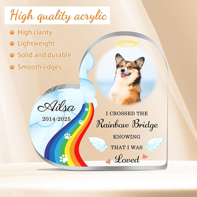 Custom Pet Memorial Plaque Gifts Rainbow Bridge Dog Memorial Gifts Personalized Pet Heart Shape Acrylic Plaque Pets Loss Sympathy Gift Dog Passed Away Gifts Cat Sympathy Bereavement Remembrance Gift