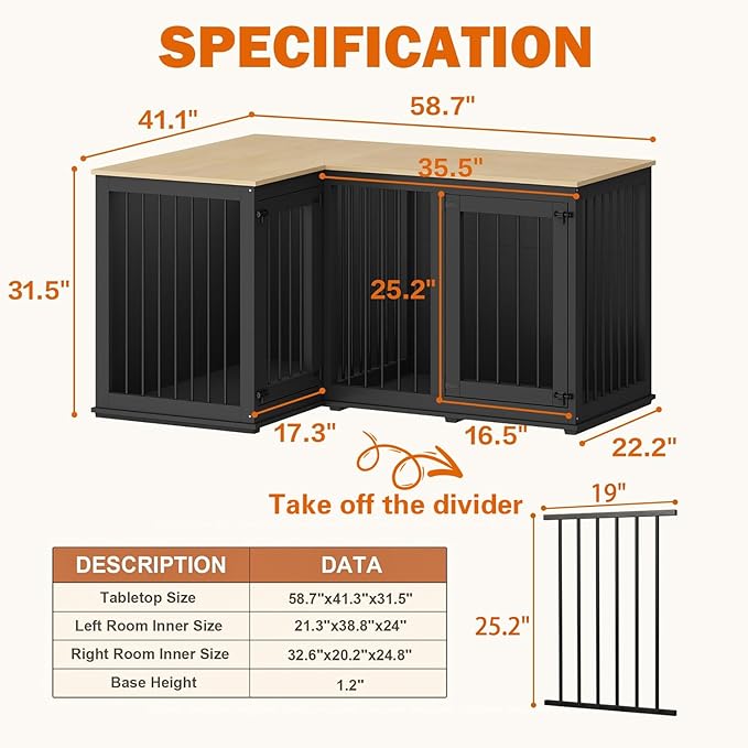 Lovinouse Corner Dog Crate Furniture for 2 Dogs, Indoor Wooden Furniture Style Heavy Duty Large Dog Kennel House with Double Rooms & Divider for Large & Medium Dogs, Black
