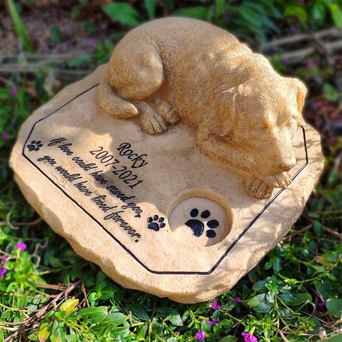 Personalized Dog Memorial Stones with Sleeping Doggie Statue, Custom Grave Stones Tombstone Headstones Engraved with Name for Loss of Dog Sympathy Gifts Outdoors Memorial Remembrance Gifts