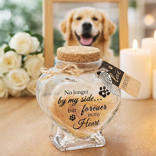 Pet Fur Keepsake Jar-Pet Memorial Gift for Loss of Dog or Cat, Heart-Shaped Glass Pet Hair Keepsake Bottle, Dog Fur Keepsake & Cat Fur Keepsake, Printed Quote Forever in My Heart”