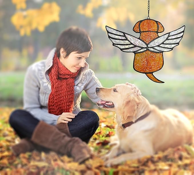 Stained Glass Angel Rainbow Wing Memorial for Loss of Dog, Dog Bereavement Gift (Orange)
