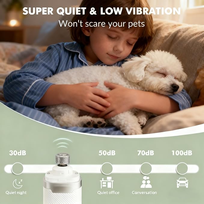 Silent Pet Nail Grinder Pro, Cordless Grooming Pro Nail Grinder with 3 Adjustable Speeds & Led Light, Painless Paws Grooming for Small Medium Large Dogs & Cats(1+2*Replacement Head)