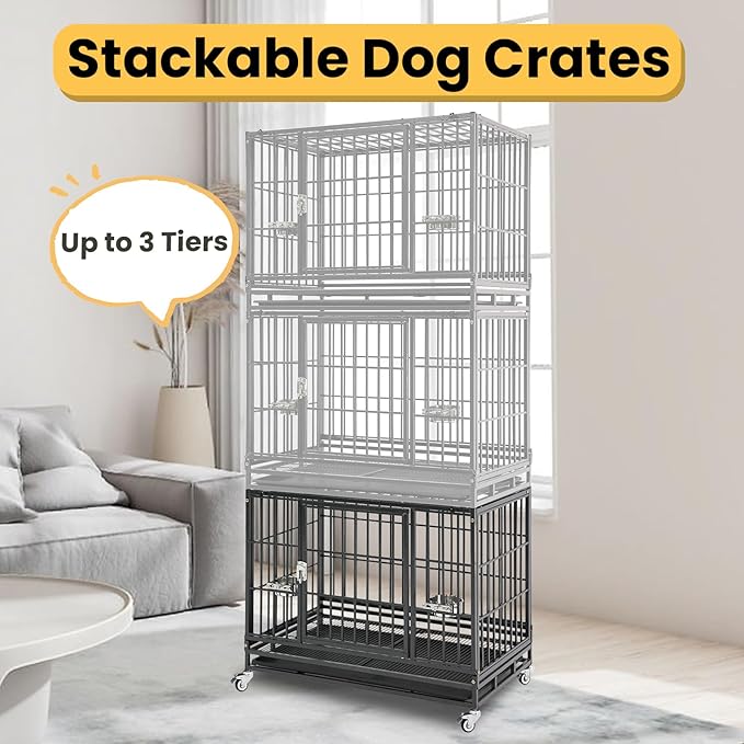 12-Pack 36 inch Stackable Heavy Duty Dog Crate, Metal Escape Proof Dogs Cage Kennel with Lockable Wheels, Removable Tray & Metal Grid, Top Access for High Anxiety Dogs Medium/Small Dogs